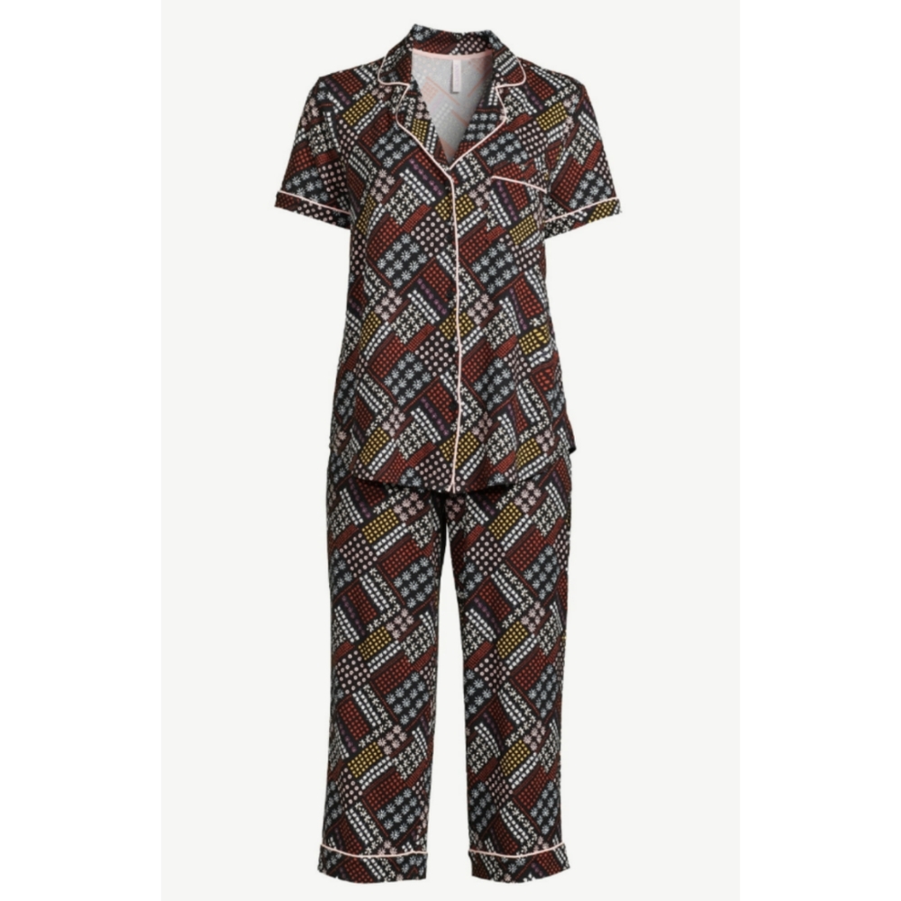 Joyspun Notch Collar Button‎ Down Top & Capris Elastic Pants Sleep Set, 2-Pieces
